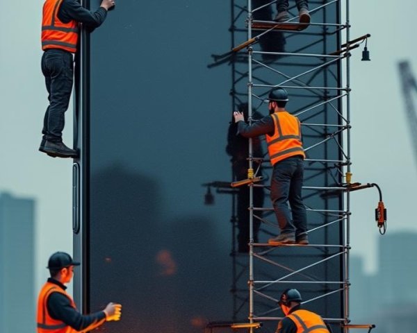 Surreal Urban Scene with Workers on Giant Smartphone