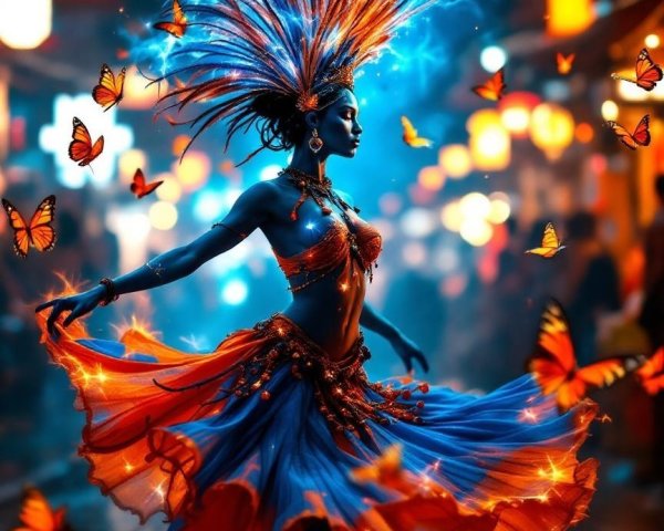 Dancer in Vibrant Costume Amid Dreamlike Atmosphere