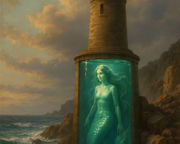 Mermaid in Lighthouse Base by Rocky Shoreline