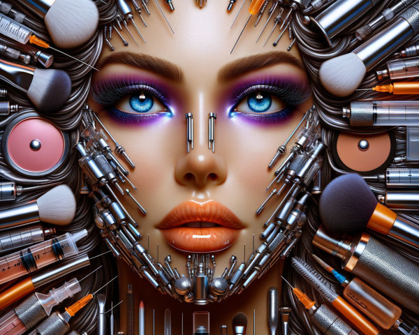 Portrait of a Woman with Bold Makeup and Beauty Tools