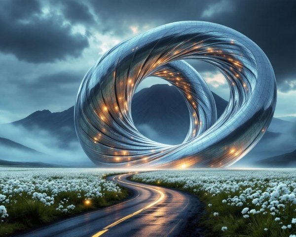 Surreal Landscape with Metallic Rings and Flowers