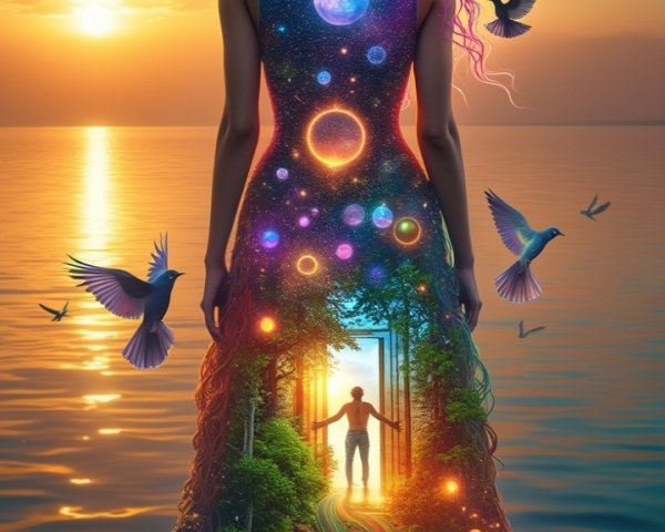 Mystical Woman by Water with Cosmic Dress and Sunset