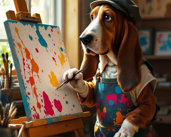 Basset Hound in Cozy Art Studio Creating Colorful Art