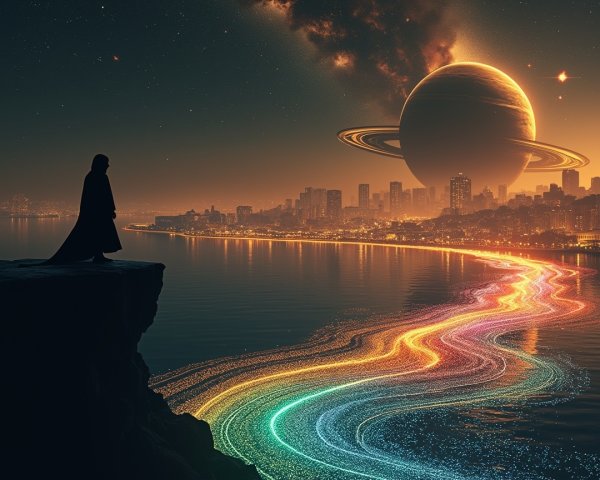 Silhouette on Cliff Overlooking Futuristic City and Planet