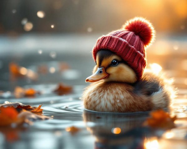 Duckling in a Red Hat Floating on a Serene Pond