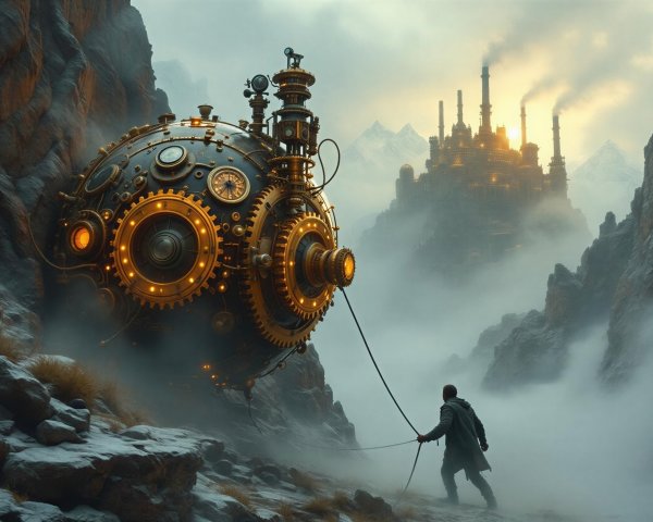 Lone Figure in Steampunk Landscape with Castle and Sphere