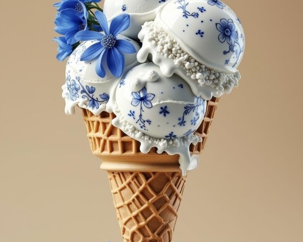 Whimsical Ice Cream Cone with Floral Porcelain Design