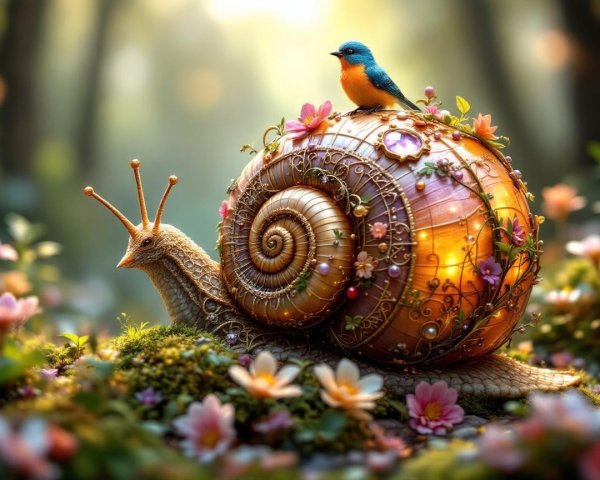 Whimsical Snail with Bluebird in Lush Landscape