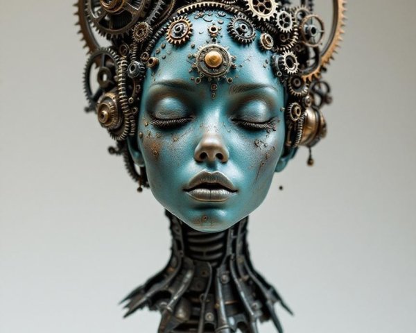 Steampunk Sculpture of Female Bust with Gears and Cogs