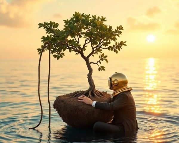 Diver in Vintage Suit Embraces Tree at Sunset