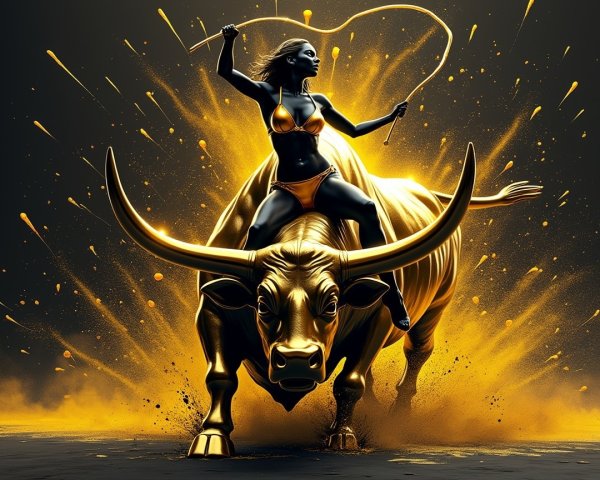 Female Figure on Golden Bull in Dramatic Scene