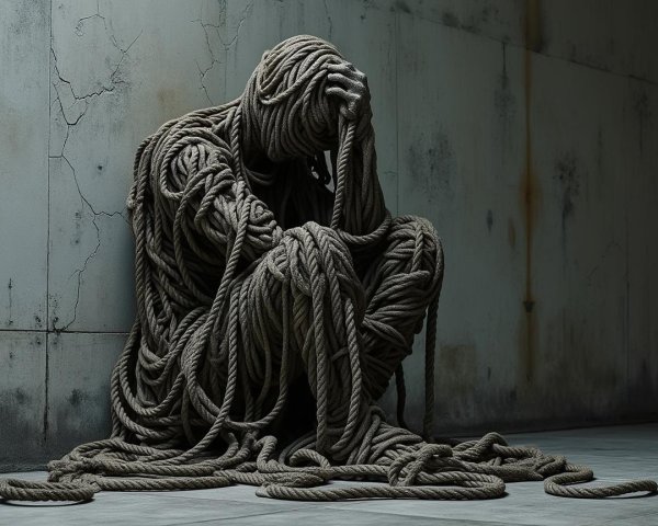 Figure Enveloped in Ropes Against Distressed Wall