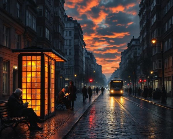 Urban Street Scene at Twilight with Colorful Sky