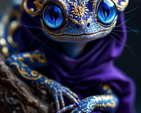 Mystical Gecko-like Creature with Gold and Blue Patterns