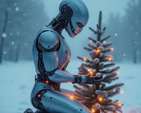 Futuristic Robot Decorates Christmas Tree in Snowy Scene