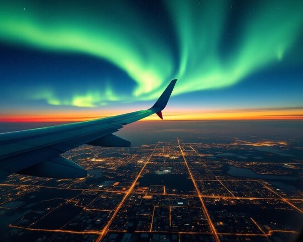 Airplane View of Auroras and Urban Sunset Landscape