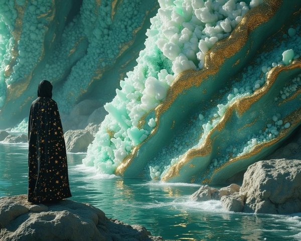 Figure in Black Cloak Against Turquoise and Gold Cliffs