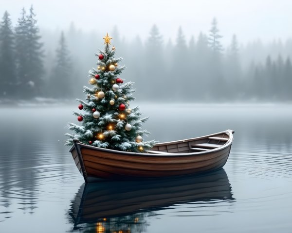 Wooden Boat with Christmas Tree on Misty Lake