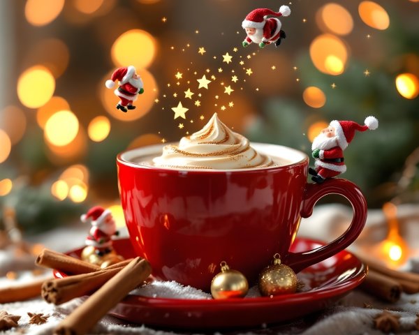 Festive Red Mug of Hot Chocolate with Holiday Decor