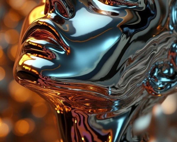 Reflective Face Sculpture with Golden Background