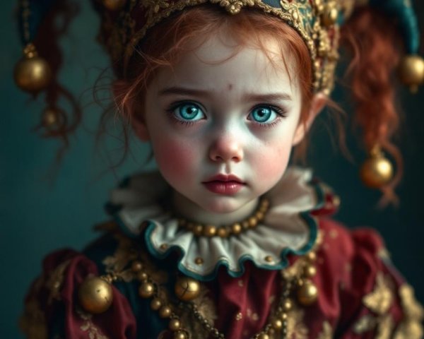 Child in Colorful Jester Costume with Intricate Details