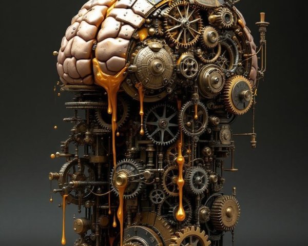 Sculpture of a brain with gears and molten liquid