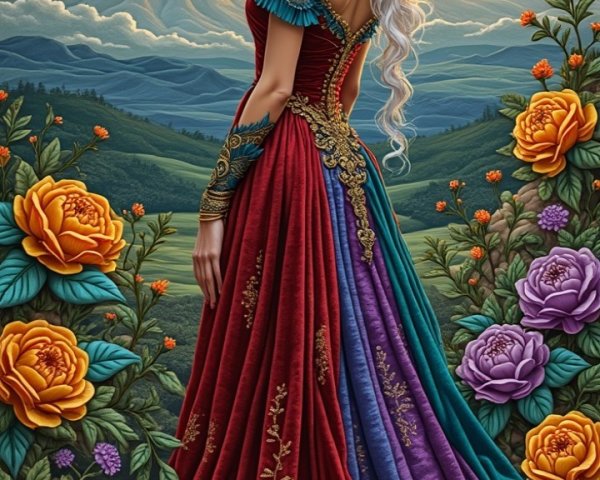 Graceful figure in vibrant gown with floral backdrop
