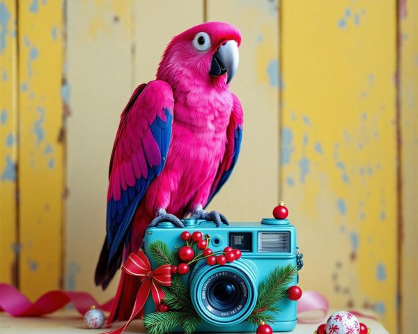 Vibrant Pink Parrot on Retro Teal Camera with Decor