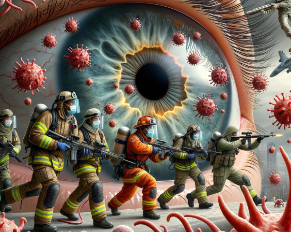 Surreal Scene of Firefighters Facing Viruses and Bacteria
