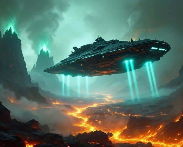 Futuristic Spaceship Over Volcanic Landscape with Lava
