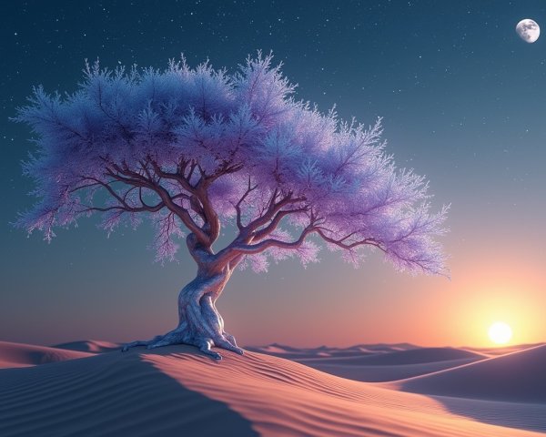 Solitary Tree in Desert at Sunset with Moonlight