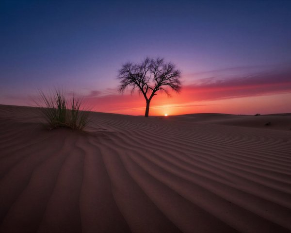 Dramatic Desert Sunset with Colorful Sky and Dunes