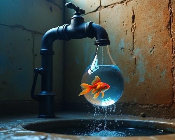 Golden fish in water droplet from vintage faucet