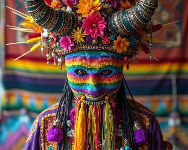 Vibrant Traditional Figure with Colorful Outfit and Headdress