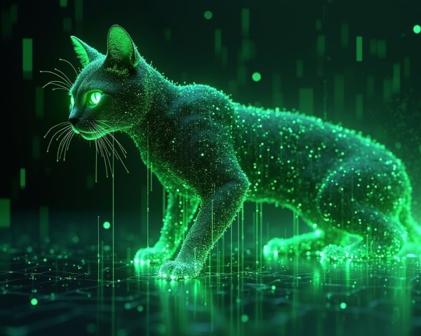 Cybernetic Cat in Luminous Green with Digital Patterns
