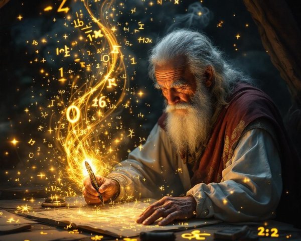 Ancient scholar writing with magical symbols around him