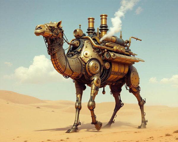 Steampunk Camel in Desert Landscape with Gears