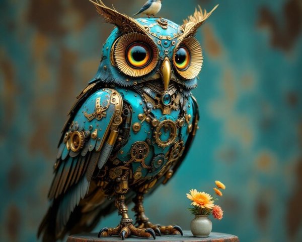 Whimsical Steampunk Owl with Gears and Flowers