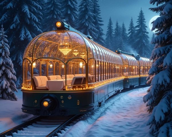 Illuminated Train in Snowy Forest at Night