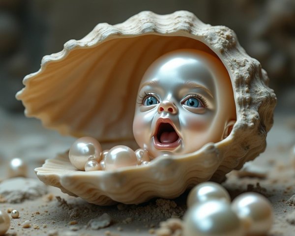 Surreal Baby Doll in Seashell with Pearls Background