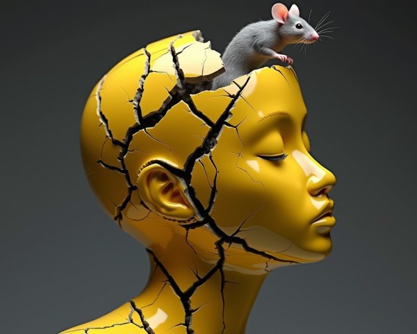 Yellow Mannequin Head with Cracks and Mouse Symbolism