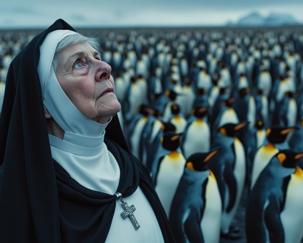 Elderly Nun Surrounded by Emperor Penguins in Clouds