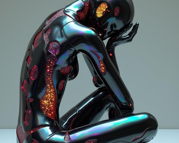 Glossy Black Humanoid Sculpture with Vibrant Accents