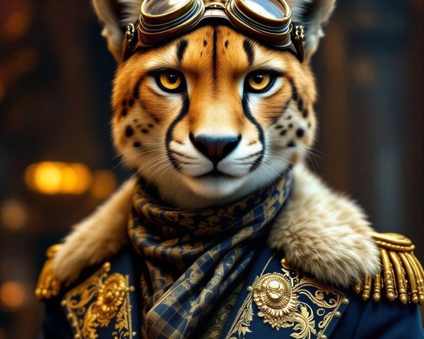 Regal Anthropomorphic Leopard in Military Coat and Goggles