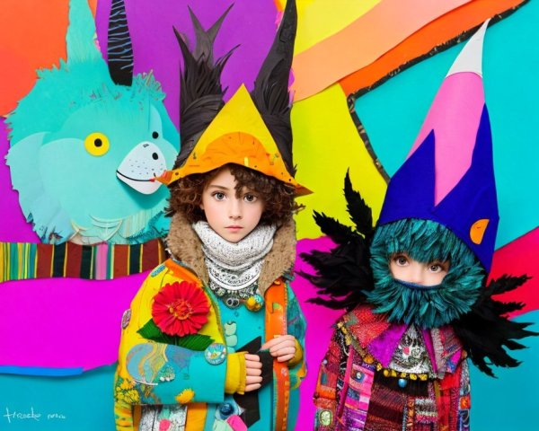 Children in colorful costumes with whimsical hats on vibrant geometric backdrop