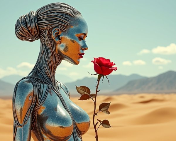 Futuristic Humanoid in Desert Holding Red Rose
