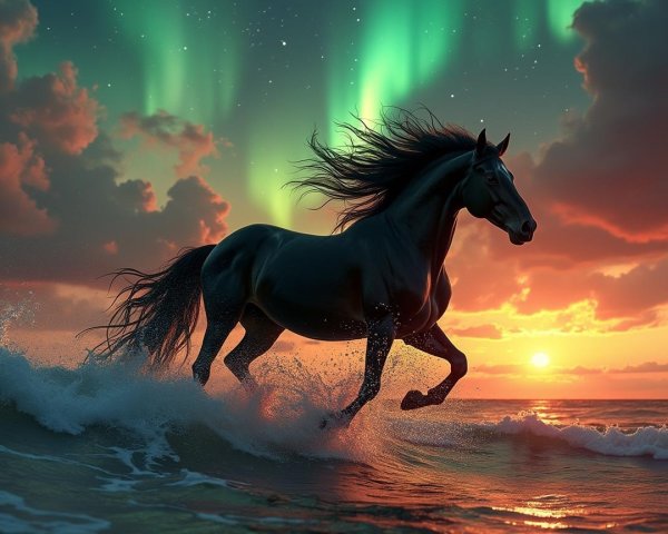 Black Stallion Galloping Through Ocean Waves at Twilight