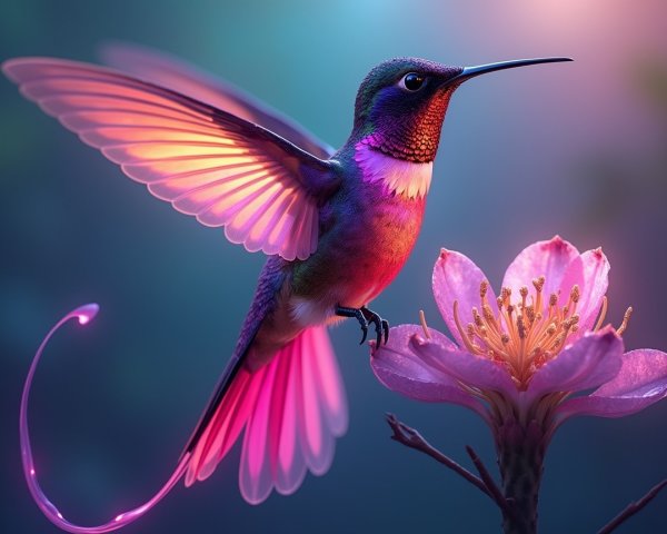Hummingbird Near Flower with Iridescent Feathers