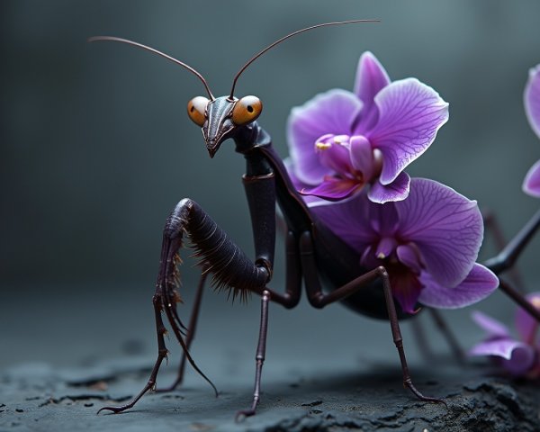 Elegant Mantis Against Vibrant Purple Orchids