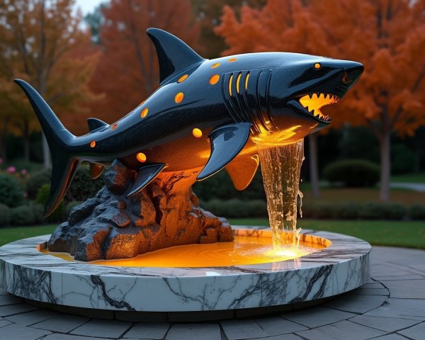 Fountain with Shark Sculpture and Autumn Foliage